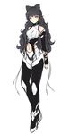  alternate_costume black_hair blake_belladonna bow cat_with_a_brush curly_hair embellished_costume hair_bow long_hair looking_at_viewer rwby simple_background solo white_background 