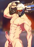  1boy abs assault_rifle bara erection face_mask gun highres lvlv male_focus mask muscle nipples overwatch pecs penis rifle scar scar_across_eye short_hair soldier:_76_(overwatch) solo sweat testicles topless uncensored visor weapon 
