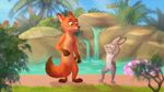  2017 anthro canine creek day disney duo eyes_closed female fox fur grey_fur happy invalid_tag judy_hopps lagomorph looking_down male mammal nick_wilde nude orange_fur outside pond rabbit smile stare water yurikoschneide zootopia 