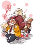  2017 abstract_background blush canine clothing dog duo eating food futaba_kotobuki jacket japanese_text kfc licking mammal namihira_kousuke necktie overweight red_panda sitting takaki_takashi text tongue tongue_out trouble_(series) 
