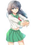  black_hair blue_eyes cowboy_shot hair_between_eyes hands_clasped higurashi_kagome interlocked_fingers inuyasha long_hair long_sleeves looking_at_viewer midriff motobi_(mtb_umk) navel one_eye_closed own_hands_together pleated_skirt sailor_collar school_uniform serafuku shirt simple_background sketch skirt smile solo stretch white_background 