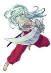 animal_ears barefoot dog_ears foreshortening inuyasha inuyasha_(character) japanese_clothes jewelry jumping long_hair looking_at_viewer male_focus motobi_(mtb_umk) necklace pants pearl_necklace scabbard sheath shirt silver_hair simple_background slashing slit_pupils solo sword unsheathed weapon white_background yellow_eyes 