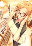  adjusting_eyewear artist_name blonde_hair blush breasts buttons collared_shirt commentary_request dated fisheye glasses grin ichinose_tomoe indoors large_breasts looking_at_viewer mirror mole mole_under_mouth orange_eyes original parted_lips ryuji_(ikeriu) shirt shop shopping smile solo teeth 