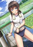  alternate_costume black_hair blue_buruma bottle buruma cloud day fubuki_(kantai_collection) gym_uniform highres ichikawa_feesu kantai_collection outdoors revision rice_paddy short_hair sky solo towel towel_around_neck water_bottle 