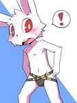  ! 5_fingers blush bulge clothing cub jockstrap lagomorph male mammal navel open_mouth rabbit red_eyes simple_background solo standing underwear yellow_pupils young 鴻上 