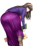  ass black_hair blue_eyes blue_sweater blush book boots crotch_seam dropping embarrassed from_behind hairband holding holding_book idolmaster idolmaster_cinderella_girls long_hair long_skirt long_sleeves looking_at_viewer looking_back panties pantylines parted_lips purple_skirt sagisawa_fumika see-through simple_background skirt solo standing sweater underwear white_background yamada_naoko_(hideko1227) 
