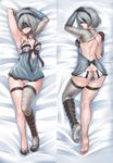  armpits arms_up asymmetrical_clothes bandaged_arm bandaged_leg bandaged_neck bandages bangs bare_shoulders barefoot bed_sheet black_blindfold black_footwear black_gloves black_hairband black_ribbon blindfold blue_dress bob_cut breasts breasts_apart cosplay covered_eyes dakimakura dress finalcake frills from_above full_body gloves hair_between_eyes hairband hips kaine_(nier) kaine_(nier)_(cosplay) legs_together leotard lingerie lying medium_breasts mole mole_under_mouth multiple_views negligee nier nier_(series) nier_automata nose on_back panties parted_lips pink_lips ribbon sash shoes short_hair silver_hair single_thighhigh soles strap_gap thigh_strap thighhighs thighs toes underwear vambraces white_panties yorha_no._2_type_b 