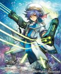 advance_party_brave_shooter air_bubble banned_artist blue_hair boots brown_eyes bubble cardfight!!_vanguard chain company_name gloves gun hat head_fins kawasumi_(japonica) male_focus military military_uniform official_art solo submerged underwater uniform weapon 