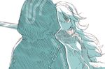  1girl aisutabetao faceless faceless_male falchion_(fire_emblem) fire_emblem fire_emblem:_kakusei gloves hood long_hair lucina male_my_unit_(fire_emblem:_kakusei) monochrome my_unit_(fire_emblem:_kakusei) open_mouth tiara 