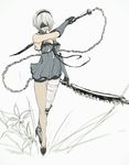  bandages blindfold bracer breasts chain cosplay flower gloves high_heels holding holding_weapon ilea kaine_(nier) kaine_(nier)_(cosplay) large_breasts mole mole_under_mouth nier nier_(series) nier_automata pale_skin short_hair sketch solo thigh_strap weapon white_background white_hair yorha_no._2_type_b 