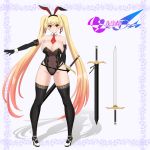  animal_ears arm_behind_back black_legwear blonde_hair blush breasts bug butterfly commentary_request detached_collar elbow_gloves eyebrows_visible_through_hair fake_animal_ears floral_background full_body gloves gluteal_fold groin high_heels insect kenshi_rurika large_breasts long_hair looking_at_viewer multicolored_hair necktie nekopanch0852 original red_neckwear see-through shadow sheath smile standing sword thick_thighs thighhighs thighs two-tone_hair very_long_hair weapon white_frills wide_hips 