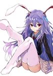  animal_ears ass asuzemu bad_feet breasts bunny_ears bunny_girl eyelashes hair_between_eyes highres jacket lips long_hair long_sleeves looking_at_viewer necktie purple_hair red_eyes reisen_udongein_inaba simple_background sitting skirt smile solo thighhighs touhou white_background 