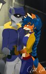  anthro blue_hair canine carmelita_fox clothed clothing ear_piercing female fox hair male mammal mimisia2367pony piercing raccoon sly_cooper sly_cooper_(series) video_games 