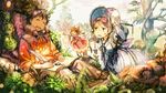  2girls black_hair blue_ribbon bonnet book braid brown_hair bug butterfly closed_eyes dress drooling highres insect long_hair looking_at_another multiple_girls open_book original pillow pointing purple_eyes quill ribbon saliva short_hair sitting sleeping umishima_senbon 