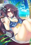  1girl beach bikini blush breasts cleavage cloud female jewelry large_breasts leaf midriff necklace open_mouth original outdoors palm_tree sky smile solo suzune_rena swimsuit tied_hair tree twintails water 