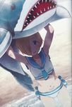  :d armpits arms_up bikini blonde_hair hair_over_one_eye highres idolmaster idolmaster_cinderella_girls inflatable_shark inflatable_toy kabayaki_unagi lifting navel open_mouth sailor_bikini sailor_collar sailor_swimsuit_(idolmaster) scan shade shirasaka_koume short_hair smile solo standing swimsuit wet white_bikini 