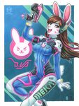  2017 alternate_species anthro border brown_eyes brown_hair buckteeth clothed clothing d.va_(overwatch) female fully_clothed furrification gun hair handgun holding_object holding_weapon kacey lagomorph long_hair mammal open_mouth overwatch pistol rabbit ranged_weapon solo teeth video_games weapon white_border 