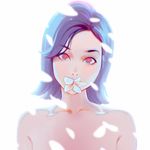  black_hair ilya_kuvshinov looking_at_viewer mouth_hold original out-of-frame_censoring petals red_eyes short_hair simple_background solo topless 