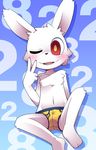  antrobulge blush briefs bulge clothing cub lagomorph male mammal open_mouth rabbit red_eyes simple_background sitting solo underwear v-sign yellow_pupils young 鴻上 