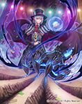  blue_eyes capelet cardfight!!_vanguard company_name fire hat male_focus nightmare_summoner_raqiel official_art one_eye_closed pointy_ears purple_hair solo terumii 