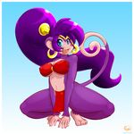  5_fingers 5_toes anthro bare_shoulders barefoot big_breasts blue_eyes breasts cleavage clothed clothing crouching ear_piercing eyebrows eyelashes female fyxe_(artist) hair loincloth long_hair looking_at_viewer mammal midriff monkey navel nipple_bulge open_mouth piercing ponytail primate purple_hair shantae shantae_(series) smile solo spread_legs spreading thick_thighs toes under_boob 