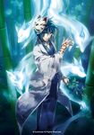  bamboo blue_hair cardfight!!_vanguard company_name facial_tattoo fox fox_mask fox_tamer_izuna green_eyes japanese_clothes kimono leaf male_focus mask mask_on_head official_art solo tattoo teeth yomo_(ym) 