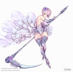  armor artstation_username ass_visible_through_thighs bangs braid breasts closed_mouth covered_navel covered_nipples crown_braid eyelashes facebook_username flower frilled_skirt frills full_body groin hair_bun hair_flower hair_ornament high_heels highleg highleg_leotard highres holding holding_scythe holding_weapon legs_together leotard looking_at_viewer medium_breasts original ozma parted_lips polearm purple_eyes purple_legwear purple_lips scythe short_hair showgirl_skirt simple_background skirt solo spear strapless strapless_leotard swept_bangs thigh_gap thighhighs watermark weapon web_address white_background white_leotard white_skirt 