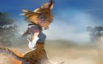  animal_ears bangs bare_shoulders blonde_hair blue_sky bow bowtie breasts cloud day extra_ears eyebrows_visible_through_hair fog gloves hair_between_eyes highres kemono_friends looking_at_viewer medium_breasts outdoors pov reaching_out savannah serval_(kemono_friends) serval_ears serval_print serval_tail short_hair sky sleeveless smile solo summergoat tail teeth thighhighs tree wind wind_lift yellow_eyes 