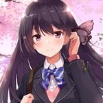  bangs black_hair blazer blush closed_mouth commentary_request eyebrows_visible_through_hair hair_ornament hand_up highres jacket light_smile long_hair looking_at_viewer original outdoors purple_eyes school_uniform smile solo sweater takehana_note upper_body 