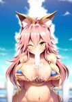 animal_ears bikini blue_bikini blue_sky breast_hold breasts cloud day fate/extra fate/grand_order fate_(series) food fox_ears fox_tail ice_cream large_breasts long_hair looking_at_viewer nakatokung navel one_eye_closed outdoors pink_hair sexually_suggestive sky smile solo summer swimsuit tail tamamo_(fate)_(all) tamamo_no_mae_(fate) tamamo_no_mae_(swimsuit_lancer)_(fate) upper_body yellow_eyes 