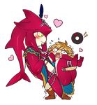  2boys blush blush_stickers carrying chibi fishman full_body hair_ornament heart heavy jewelry link male_focus manosdetrapo monster_boy multiple_boys open_mouth sidon the_legend_of_zelda the_legend_of_zelda:_breath_of_the_wild transparent_background trembling yaoi zora 