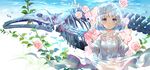  bangs blue_eyes blush bone bubble dress eyebrows_visible_through_hair flower fossil fuji_choko hat highres long_sleeves looking_at_viewer original short_hair solo tears white_dress white_hair white_hat 