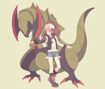  baseball_cap blue_eyes blush boots brown_hair cross-laced_footwear denim denim_shorts exposed_pocket flower flying_sweatdrops gen_5_pokemon hat haxorus komasawa_(fmn-ppp) lace-up_boots pokemon pokemon_(creature) pokemon_(game) pokemon_bw ponytail shorts touko_(pokemon) 