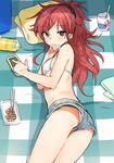  ass bikini bikini_under_clothes brown_eyes cellphone chigusa_asuha covering_mouth cowboy_shot denim denim_shorts flat_chest from_above hand_to_own_mouth high_ponytail long_hair looking_at_viewer looking_up lying on_side phone ponytail qualidea_code red_hair sekiya_asami short_shorts shorts smartphone solo swimsuit upshorts white_bikini 