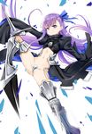  armor armored_boots asymmetrical_bangs bangs black_coat blue_ribbon blush boots closed_mouth crotch_plate eyebrows_visible_through_hair fate/extra fate/extra_ccc fate_(series) floating_hair hair_ribbon highres juliet_sleeves leg_up long_hair long_sleeves looking_at_viewer meltlilith navel puffy_sleeves purple_hair revealing_clothes ribbon smile smug solo thighhighs thighs unname white_background 