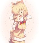  :d alpaca_ears alpaca_suri_(kemono_friends) animal_ears blonde_hair closed_eyes cowboy_shot fur_collar fur_trim hair_over_one_eye hand_on_own_cheek highres kemono_friends long_sleeves open_mouth short_hair smile solo tail takashiru twitter_username 