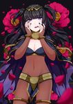  black_hair elbow_gloves fire_emblem fire_emblem:_kakusei fire_emblem_heroes floral_background flower gloves hair_ornament hands_on_own_cheeks hands_on_own_face lipstick long_hair looking_at_viewer lying makeup ringozaka_mariko solo tharja thighhighs 