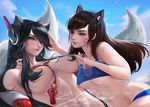  ahri_(lol) animal_humanoid canine clothing convenient_censorship crossover d.va_(overwatch) female fox fox_humanoid human humanoid league_of_legends mammal overwatch riot_games sakimichan swimsuit video_games 