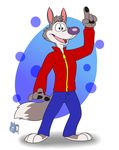  2017 anthro bleuxwolf canine chip_the_wolf clothed clothing cookie_crisp male mammal mascot purple_nose simple_background solo wolf 