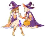  2girls blush boots breasts brown_hair cape cleavage detached_sleeves eating estellise_sidos_heurassein hat multiple_girls open_mouth pink_hair rita_mordio short_hair tales_of_(series) tales_of_vesperia witch_hat 
