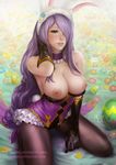  adjusting_hair alternate_costume animal_ears areolae bare_shoulders black_gloves breasts bunny_ears bunny_tail bunnysuit camilla_(fire_emblem_if) choker cleavage easter easter_egg egg fire_emblem fire_emblem_heroes fire_emblem_if flower frilled_choker frills gloves gumroad_reward hair_over_one_eye highres large_areolae large_breasts lips long_hair looking_at_viewer nipples paid_reward pantyhose parted_lips purple_eyes purple_hair realistic sciamano240 seiza sitting smile solo tail 
