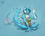  2017 4_toes 5_fingers anthro aquatic_dragon blue_eyes blue_hair blue_scales breasts claws cleavage clothed clothing countershading crossed_legs digital_media_(artwork) digitigrade dragon female fin full-length_portrait hair happy horn long_tail looking_at_viewer nawka portrait rainbow scales scalie sharp_teeth shirt shorts signature simple_background sitting smile solo tank_top teeth thick_tail toe_claws toes waving 