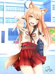  1girl animal_ears blush breasts cleavage fate/extra_ccc_fox_tail fate/grand_order fate_(series) japanese_clothes long_hair open_mouth orange_hair saber_(fate/extra_ccc_fox_tail) skirt tail yellow_eyes 