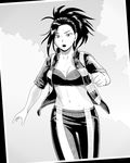  akim_x blush boku_no_hero_academia breasts cleavage collarbone commentary_request greyscale highres jacket large_breasts midriff monochrome navel open_clothes open_mouth pants ponytail solo sports_bra stomach sweat track_jacket track_pants track_suit walking yaoyorozu_momo 