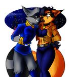  2017 anthro blue_hair canine carmelita_fox clothed clothing female fox hair male mammal raccoon sly_cooper sly_cooper_(series) thedexterminator video_games 