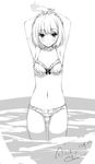  armpits arms_up artist_name bangs blush bra braid closed_mouth collarbone commentary crown_braid dated eyebrows_visible_through_hair frilled_bra frilled_panties frills greyscale highres looking_at_viewer monochrome navel original panties short_hair signature sketch smile solo standing tabata_hisayuki thighs underwear wading 