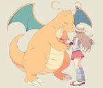  blue_(pokemon) brown_hair closed_eyes dragonite flower gen_1_pokemon hat komasawa_(fmn-ppp) loose_socks open_mouth pokemon pokemon_(creature) pokemon_(game) pokemon_frlg skirt smile socks 