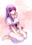  blue_ribbon breasts character_name cherry_blossoms collarbone dress eyebrows_visible_through_hair fate/stay_night fate_(series) full_body hair_ribbon happy_birthday kettle21 long_hair looking_at_viewer matou_sakura medium_breasts purple_eyes purple_hair red_ribbon ribbon short_sleeves sitting smile solo white_dress 