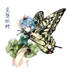 antennae bare_legs barefoot blue_hair brown_eyes butterfly_wings dress eternity_larva gorilla_(bun0615) green_dress hair_between_eyes hair_ornament highres leaf_hair_ornament short_hair simple_background smile solo touhou translated white_background wings yellow_wings 