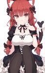  alternate_costume animal_ear_fluff animal_ears bangs black_legwear black_ribbon bodice bow braid breasts cat_ears cat_tail fang fang_out highres kaenbyou_rin long_hair looking_at_viewer medium_breasts multiple_tails neck_ribbon pantyhose puffy_short_sleeves puffy_sleeves red_eyes red_hair ribbon shone short_sleeves simple_background sitting smile solo tail tail_bow touhou twin_braids two_tails underbust white_background white_bow wrist_cuffs 